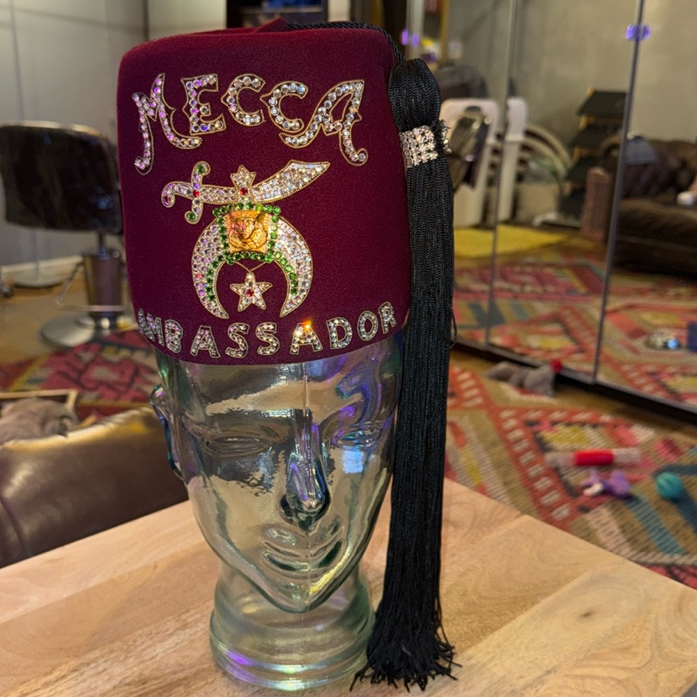 Vintage circa 1940s Shriners red fest hat with tassel and rhinestones